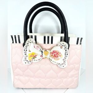 Betsey Johnson Pink Quilted Heart Satchel with Floral Bow Accent